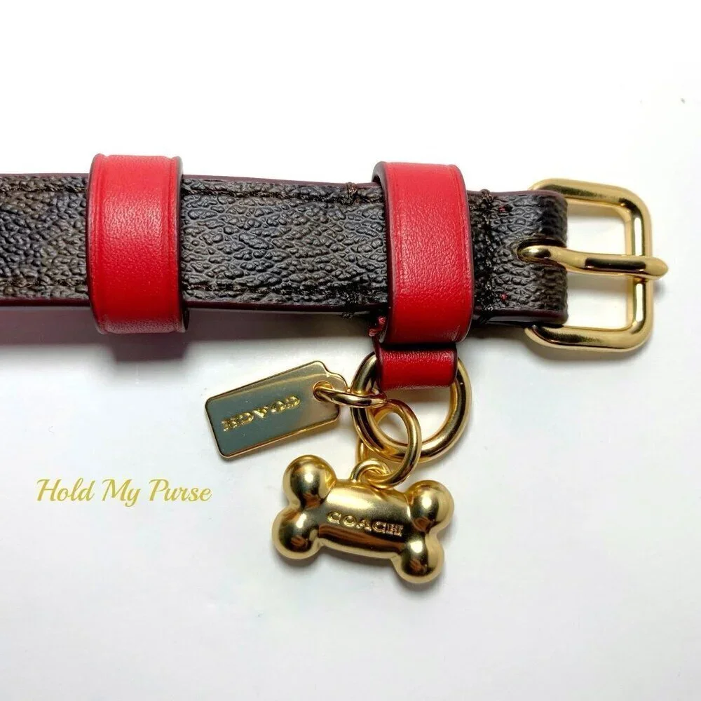 Coach Dog Collar + AirTag Brown Red Small Signature C w/ Apple Tag Tracker - Picture 6 of 11